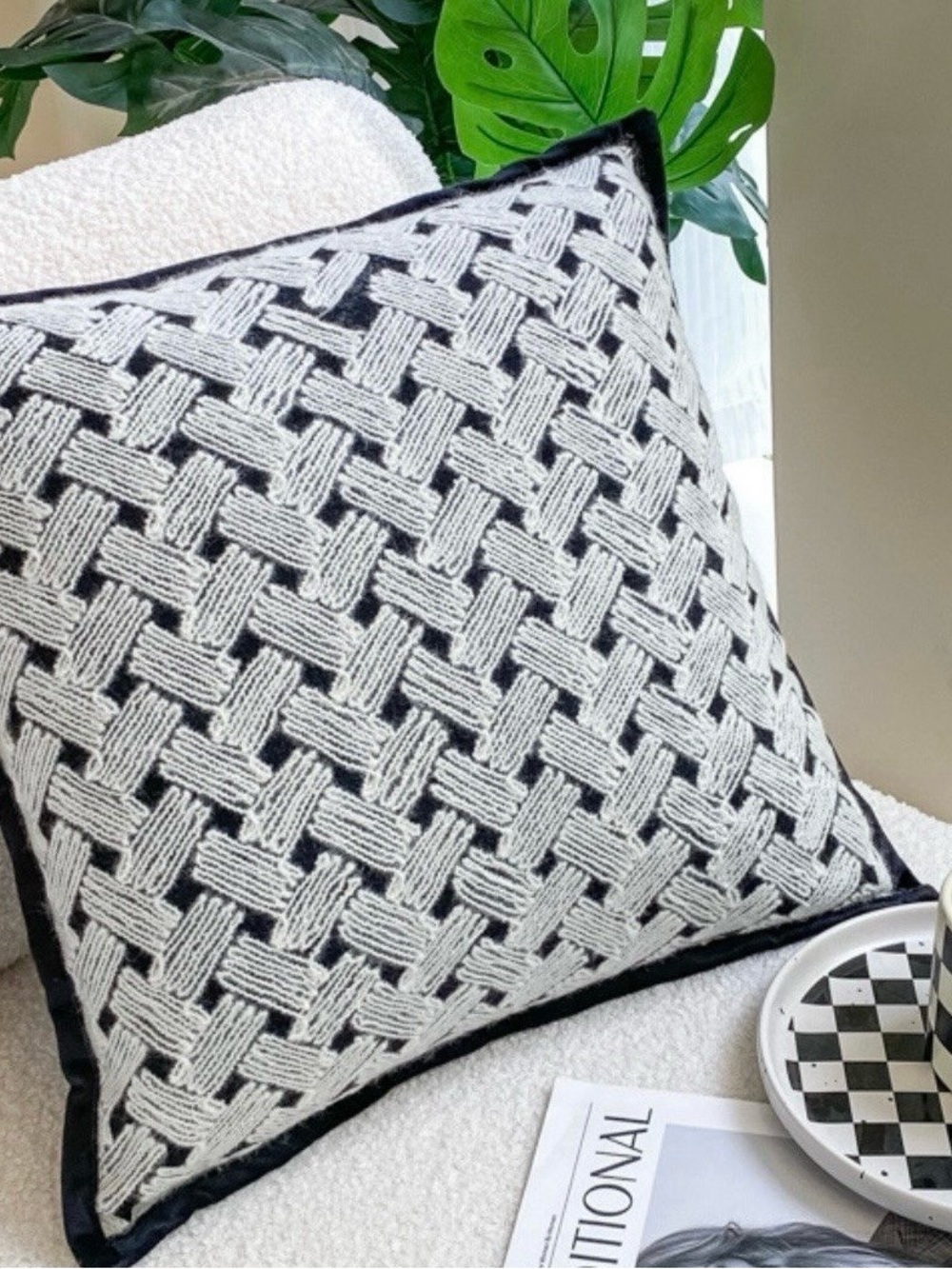 Woven Pattern Black and White Decorative Throw Pillow Cover 18”-NWOT